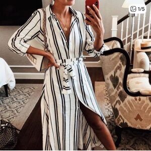 Zara Black and White Striped Long Sleeve Dress